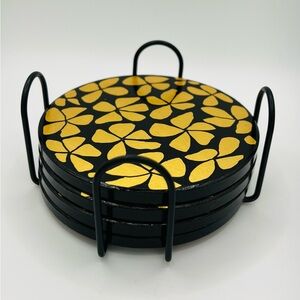 Hand-Painted Black and Gold Floral Coaster Set – Set of 4